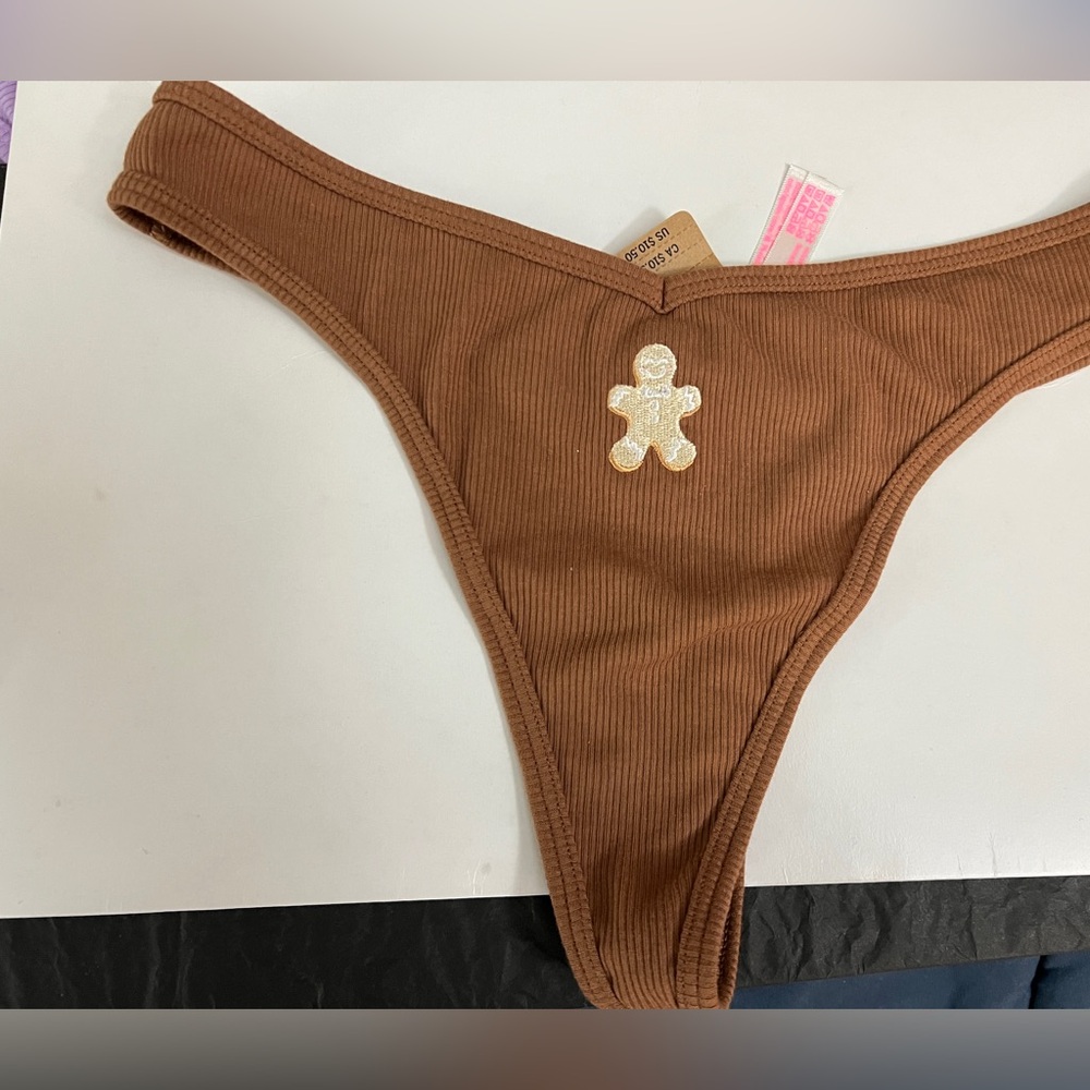 NWT Victoria’s Secret PINK Brown Gingerbread Ribbed Cotton Thong panties Large L